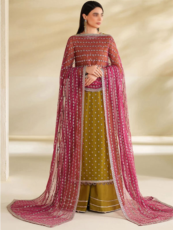   Embroidered Chiffon Party Wear Dress With 4-Sided Embroidered Chiffon Dupatta (Unstitched) (CHI-1091)