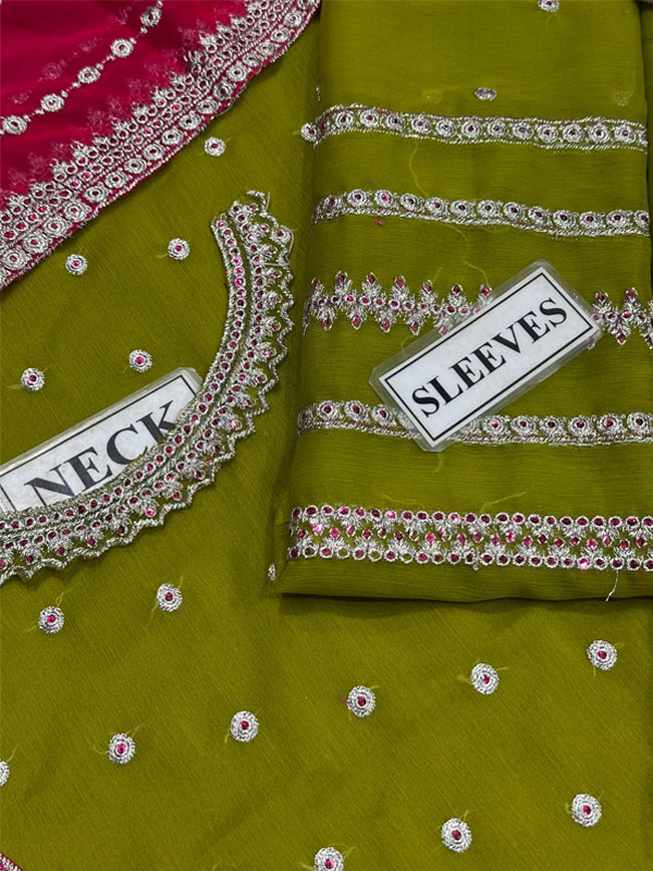   Embroidered Chiffon Party Wear Dress With 4-Sided Embroidered Chiffon Dupatta (Unstitched) (CHI-1091)