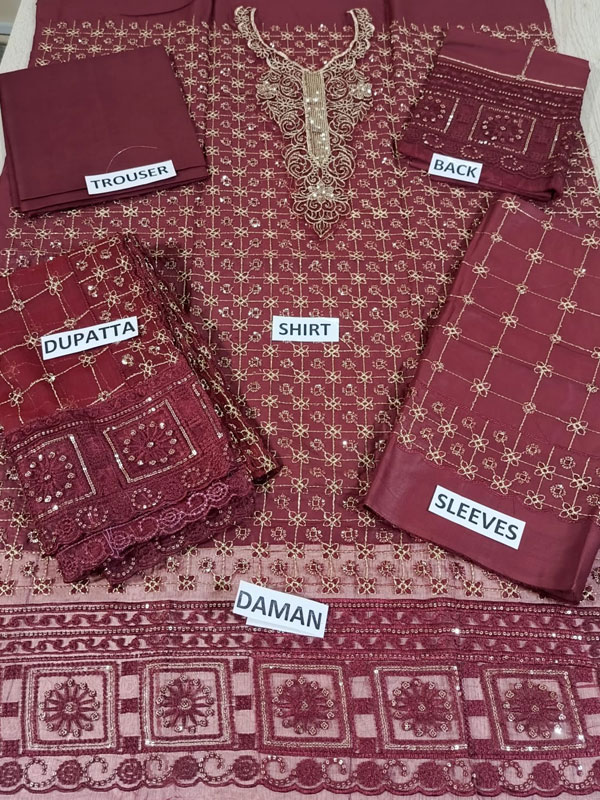 Luxury Cotton Sequence Embroidered Dress With Chiffon Sequence Embroidered Dupatta (Unstitched) (DRL-2348)