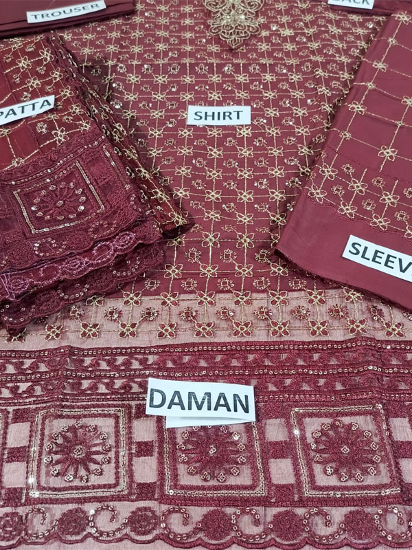 Luxury Cotton Sequence Embroidered Dress With Chiffon Sequence Embroidered Dupatta (Unstitched) (DRL-2348)