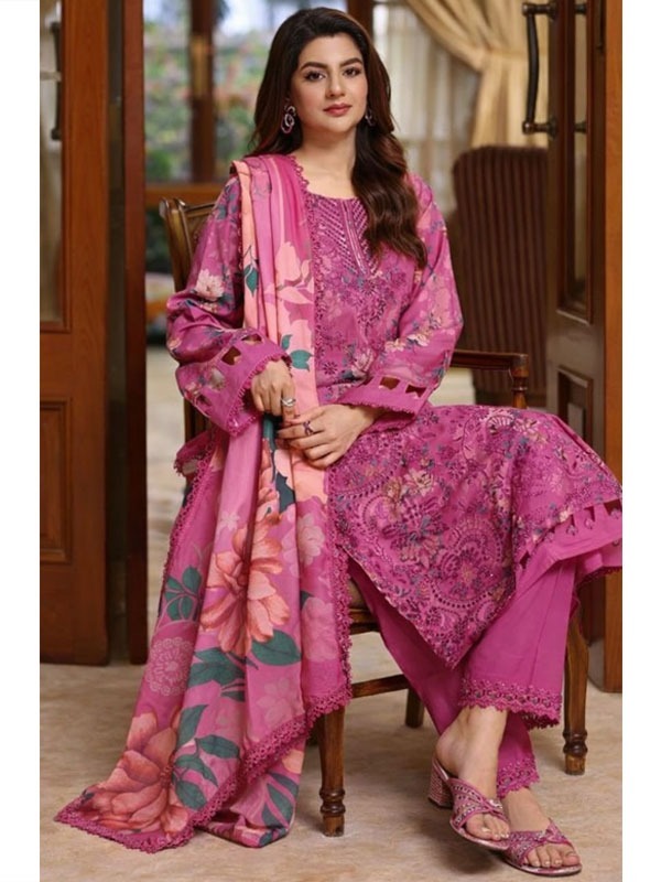  Aneela’s All-Over Print Schiffli Embroidered Lawn Dress with 4-Sided Embroidered Chiffon Dupatta (Unstitched) (DRL-2379)