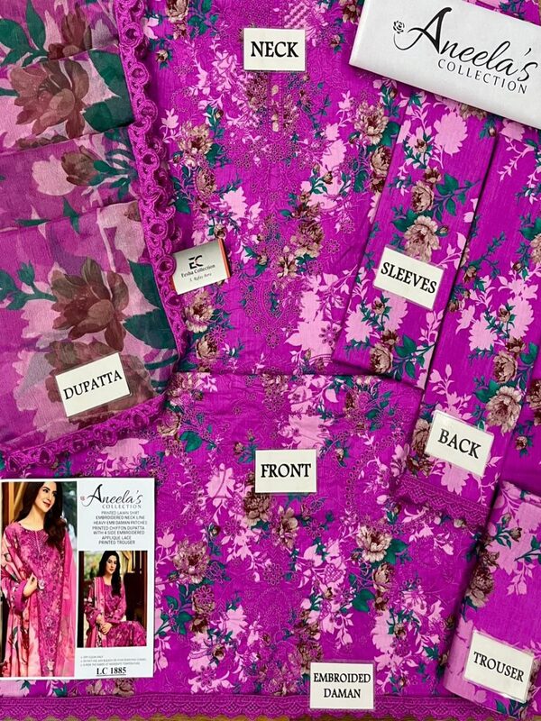  Aneela’s All-Over Print Schiffli Embroidered Lawn Dress with 4-Sided Embroidered Chiffon Dupatta (Unstitched) (DRL-2379)