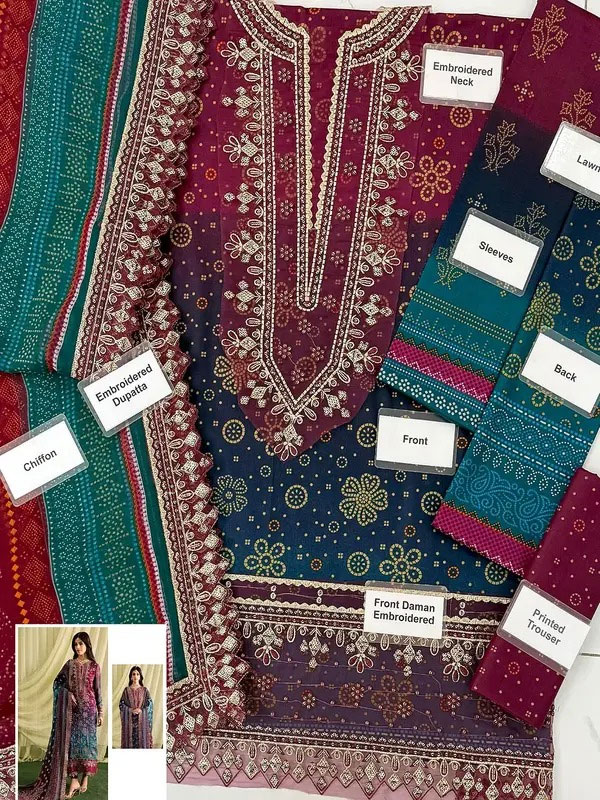  Digital Print Embroidered Multicolor Ombre Lawn Dress with 4-Side Emb. Chiffon Dupatta (DRL-2381)