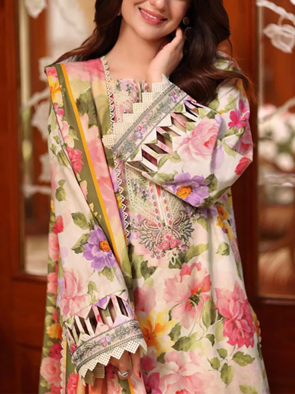 Heavy Embroidered Lawn Printed Dress With 4-Sided Chiffon Embroidered Dupatta (Unstitched) (DRL-2401)