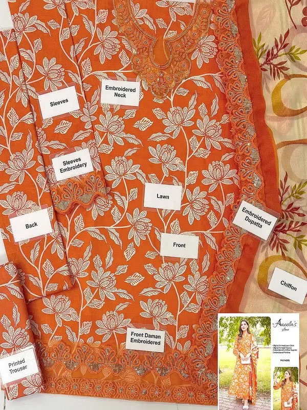 All-Over Floral Print Embroidered Orange Lawn Dress Design for Girls with Emb. Chiffon Dupatta (DRL-2402)