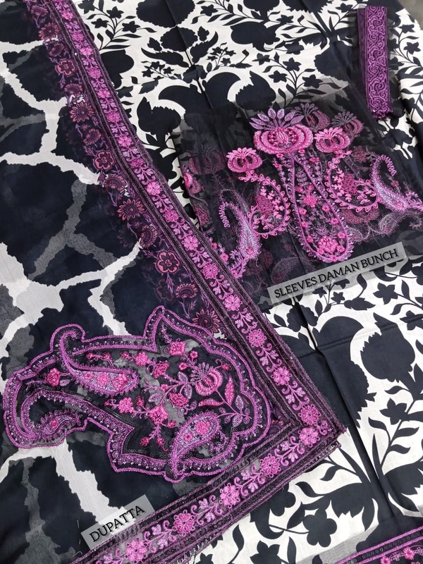 MARIA B Luxury Printed Lawn Embroidered Dress with 4-Sided Embroidered Chiffon Dupatta (Unstitched) (DRL-2404)