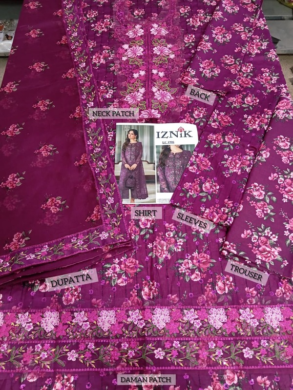  Iznik Luxury Printed Embroidered Lawn Dress with 4-Sided Embroidered Chiffon Dupatta (Unstitched) (DRL-2406)