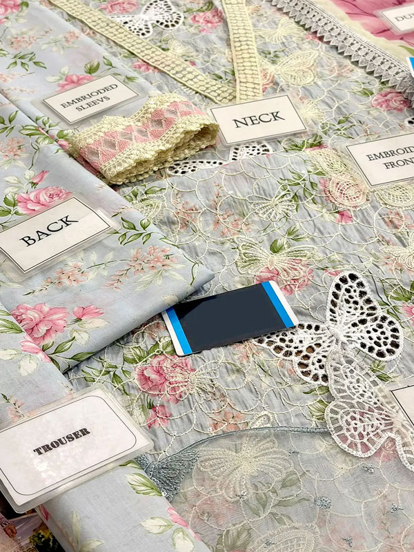 Luxury Butterfly Design Schiffli Embroidered EID Lawn Dress with Emb. Chiffon Dupatta (Unstitched) (DRL-2410)