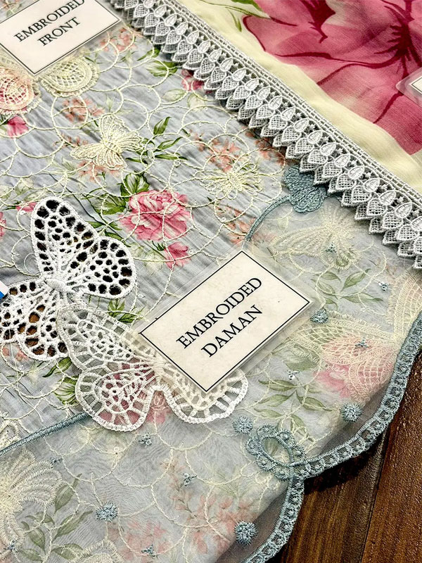 Luxury Butterfly Design Schiffli Embroidered EID Lawn Dress with Emb. Chiffon Dupatta (Unstitched) (DRL-2410)