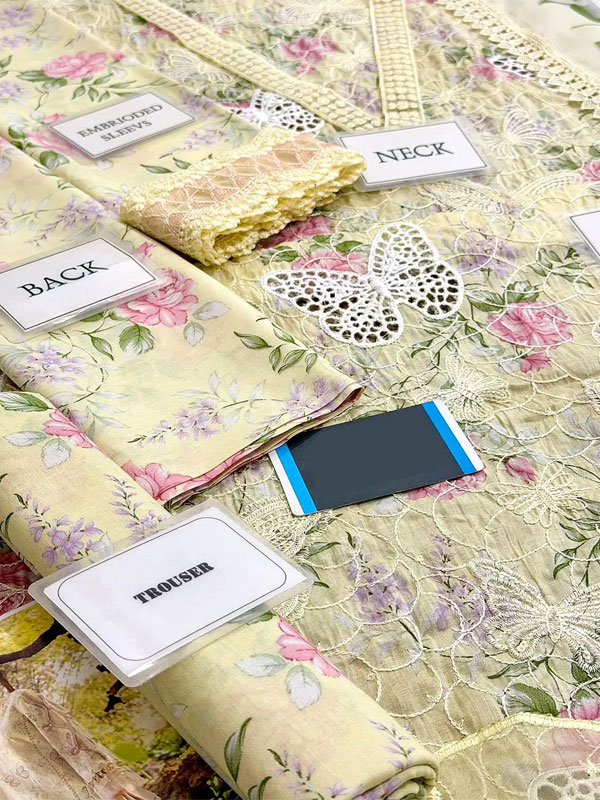 Luxury Butterfly Design Schiffli Embroidered EID Lawn Dress with Emb. Chiffon Dupatta (Unstitched) (DRL-2411)