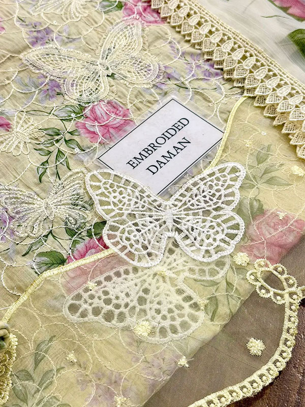 Luxury Butterfly Design Schiffli Embroidered EID Lawn Dress with Emb. Chiffon Dupatta (Unstitched) (DRL-2411)