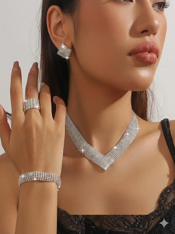 Elegant Bridal Crystal Necklace Jewelry Set With Earrings, Bracelet & Ring (ZV:30136)