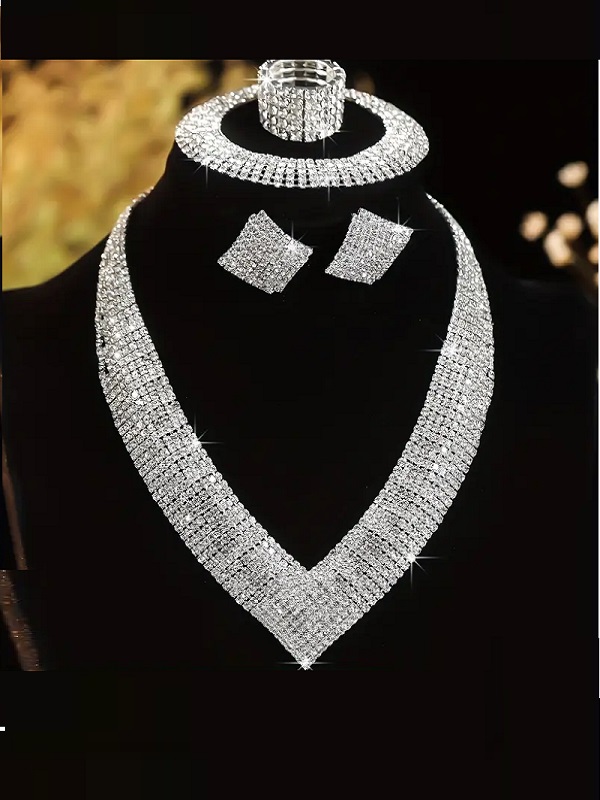 Elegant Bridal Crystal Necklace Jewelry Set With Earrings, Bracelet & Ring (ZV:30136)