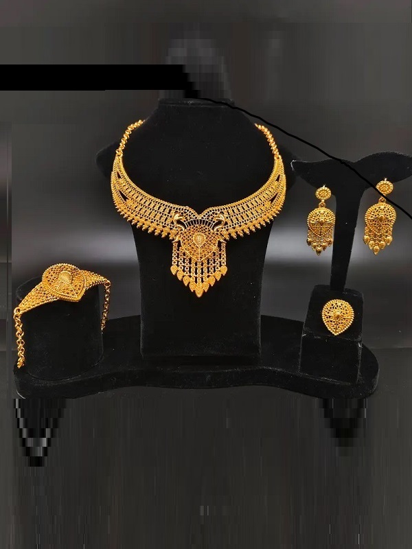Gold Plated Wedding Necklace Set With Earrings, Ring, and Bracelet (ZV:33384)