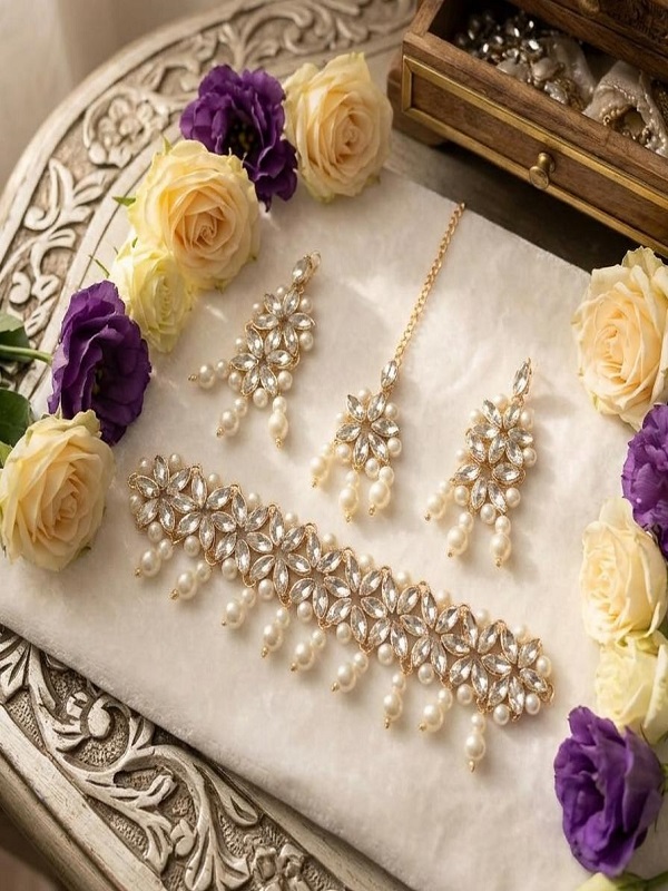 Elegant Indian Kundan Choker Necklace Set with Pearl