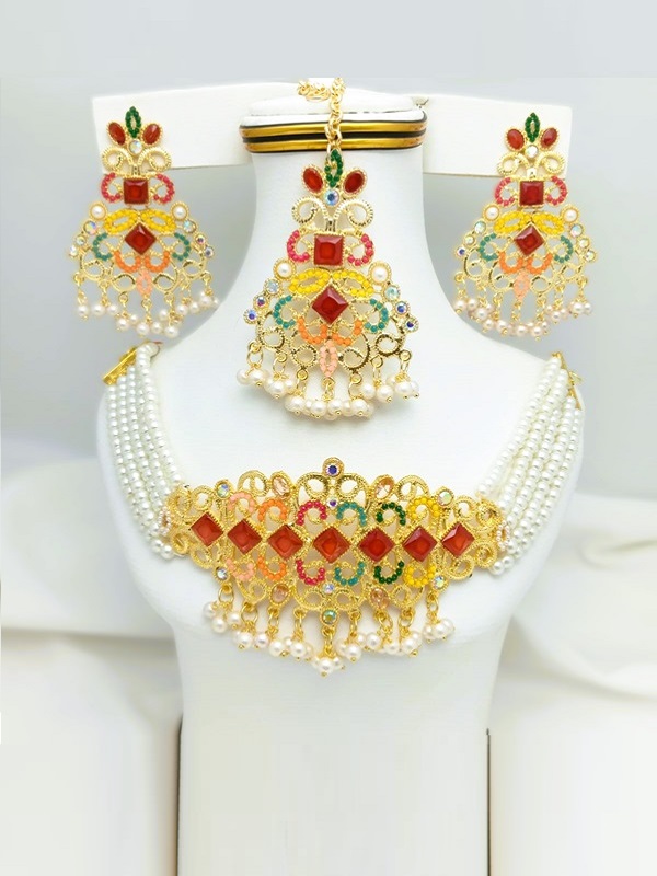 Wedding Nauratan Zircon Choker Necklace Set With Earrings & Teeka (ZV:24513)
