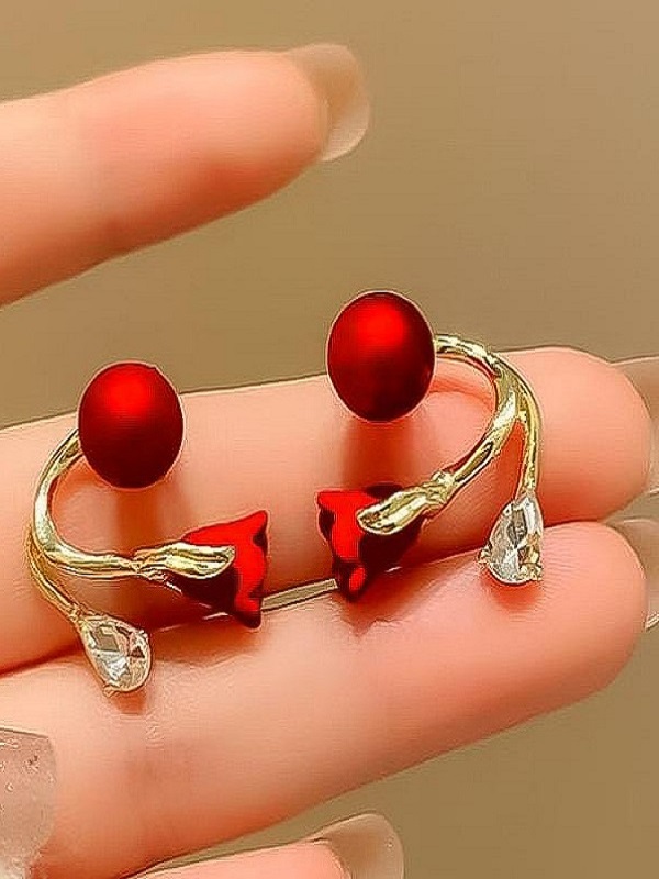 Red Rose Stud Earrings with Pearl (ZV:141461)