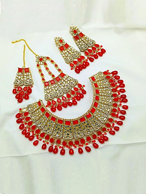 Red Kundan Wedding Necklace Set With Earrings, Tikka and Jhoomar (ZV:29732)