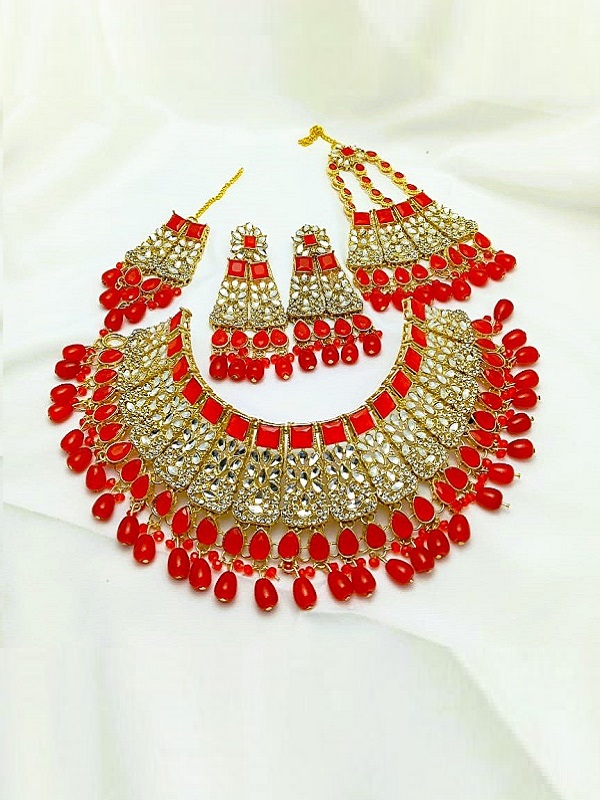 Red Kundan Wedding Necklace Set With Earrings, Tikka and Jhoomar (ZV:29732)