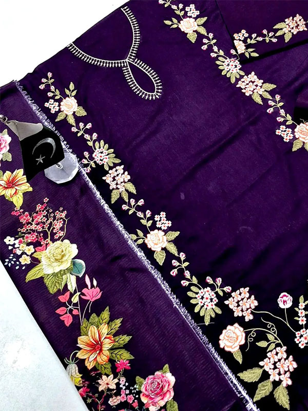 Trendy Embroidered Deep Purple Lawn Dress with Digital Print Banadora Dupatta (Unstitched) (DRL-2440)