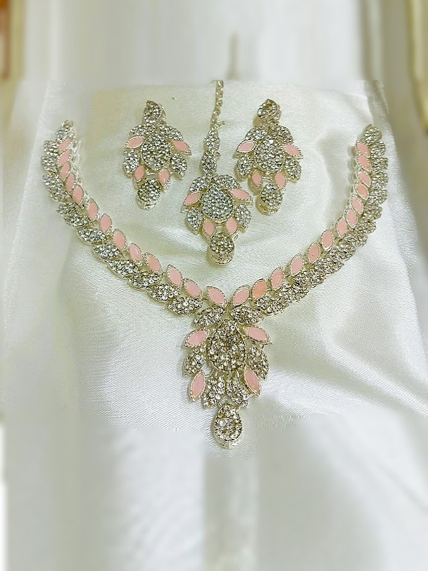 Silver Pink Zircon Necklace Set with Earrings and Bindia (ZV:31727)