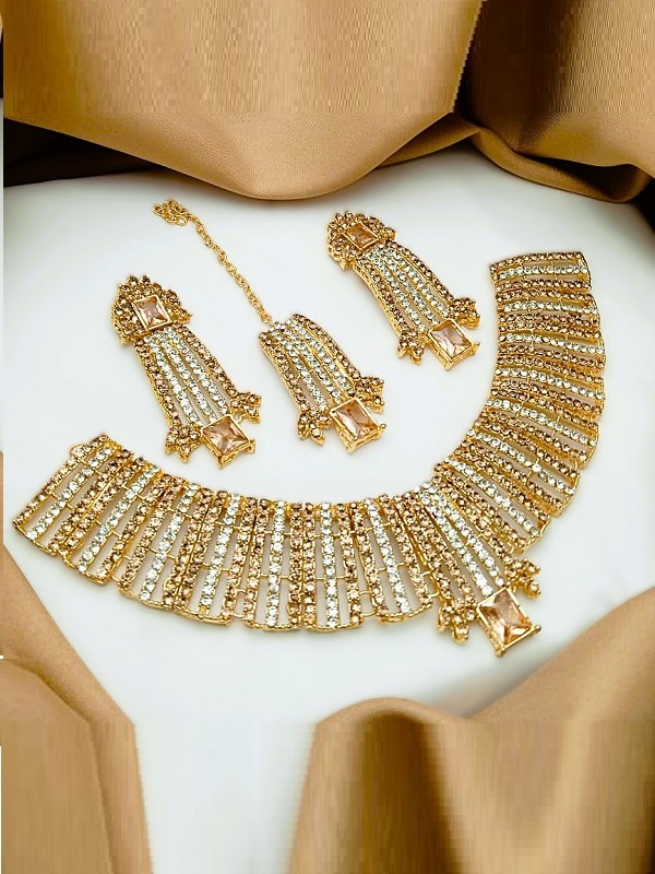 Indian Zircon Golden Necklace Set with Earrings and Bindia (ZV:30335)