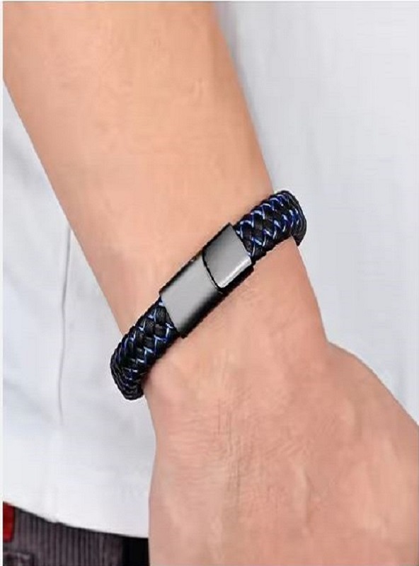 Black & Blue Rope Style Leather Bracelet For Men (ZV:30183)