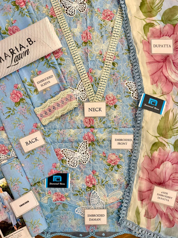 MARIA B Lawn Heavy Embroidered Butter Fly Design Dress With Chiffon Embroidered Dupatta (Unstitched) (DRL-2444)