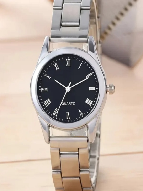 Silver Couple Quartz Watch with Black Round Dial (ZV:31918)