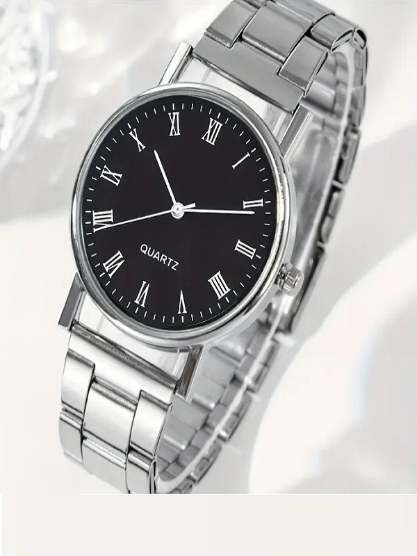 Silver Couple Quartz Watch with Black Round Dial (ZV:31918)
