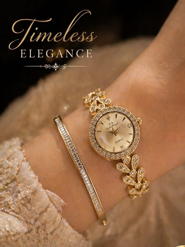 Luxury Gold Plated Zircon Watch & Bracelet Combo Set 