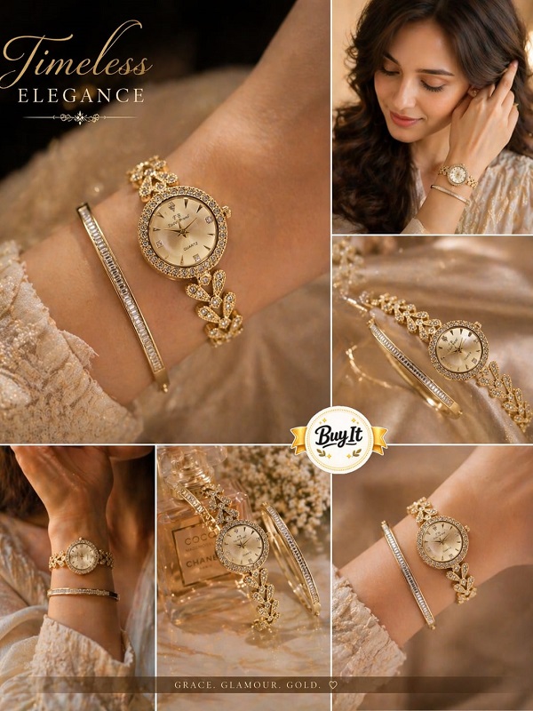 Luxury Gold Plated Zircon Watch & Bracelet Combo Set 