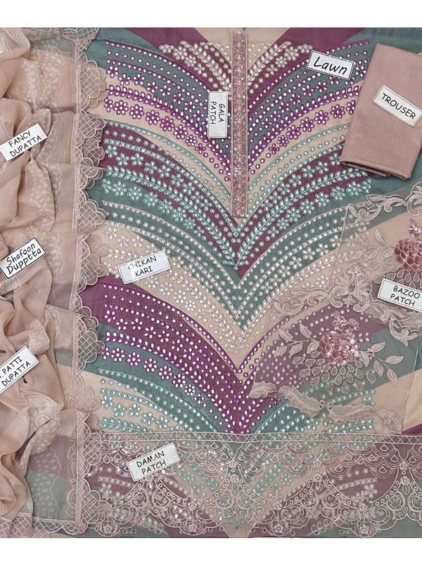 Elegent Rainbow Design Lawn Embroidered Dress With 4-Sided Chiffon Embroidered Dupatta (Unstitched) (DRL-2450)