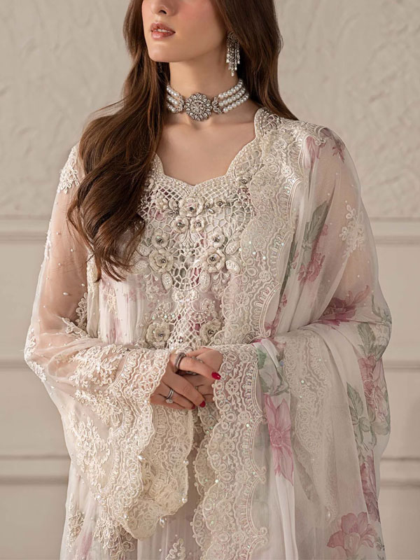 Heavy Embroidered White Chiffon Wedding Wear Dress With Organza Embroidered Dupatta (Unstitched) (CHI-1098)