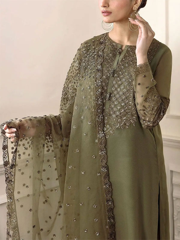 Graceful Heavy Embroidered Handwork Olive Green Mehndi Wedding Dress With Embroidered Organza Dupatta (Unstitched) (CHI-1099)