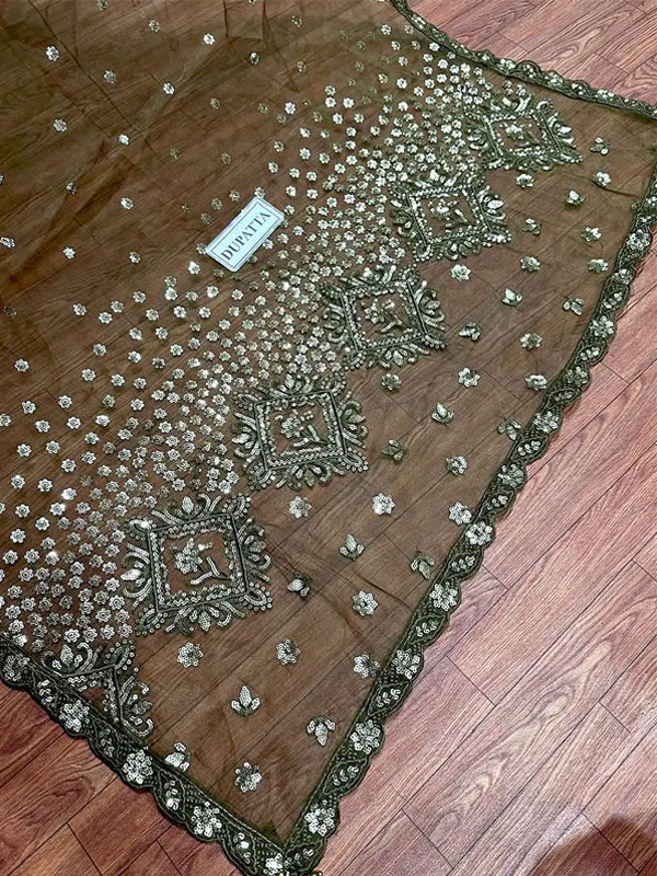 Graceful Heavy Embroidered Handwork Olive Green Mehndi Wedding Dress With Embroidered Organza Dupatta (Unstitched) (CHI-1099)