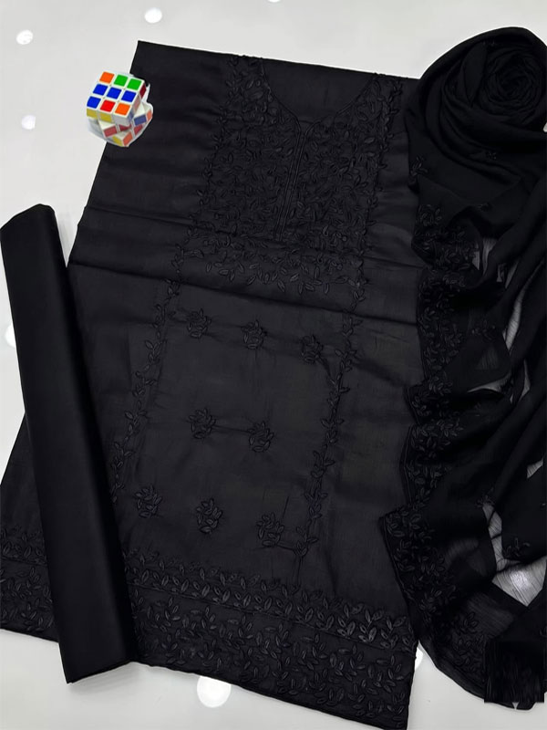3 PCs Cotton Heavy Embroidered Black Dress WIth Chiffon Embroidered Dupatta (Unstitched) (DRL-2468)