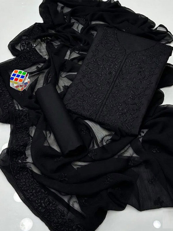 3 PCs Cotton Heavy Embroidered Black Dress WIth Chiffon Embroidered Dupatta (Unstitched) (DRL-2468)