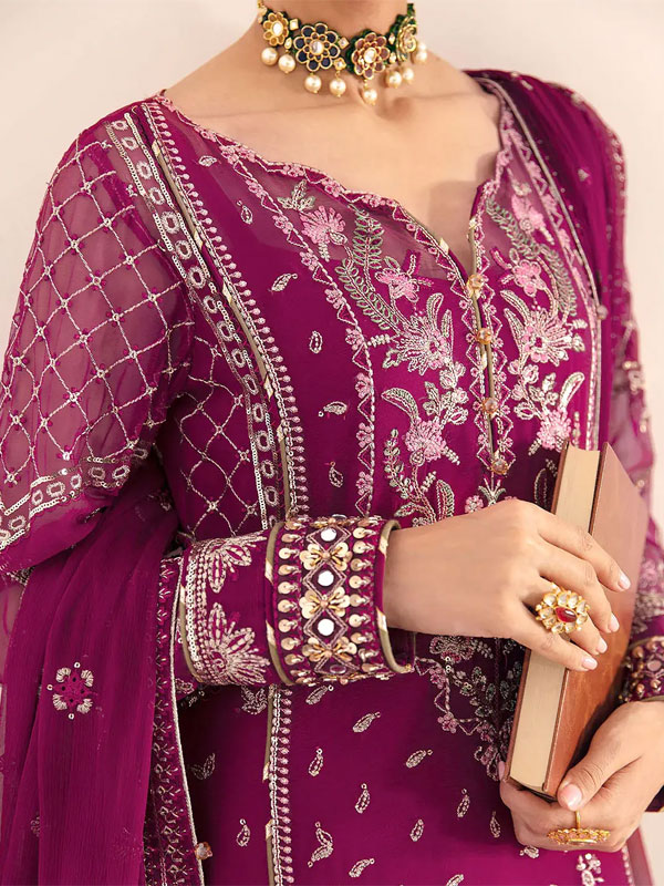 Heavy Embroidered Magenta Chiffon Party Wear Dress With Chiffon Embroidered Dupatta (Unstitched) (CHI-1101)