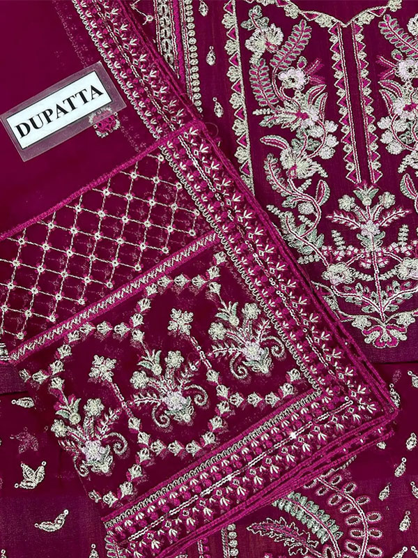  Heavy Embroidered Magenta Chiffon Party Wear Dress With Chiffon Embroidered Dupatta (Unstitched) (CHI-1101)