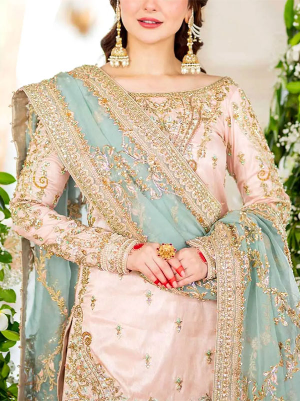 Luxury Embroidered Powder Pink NET Bridal Sharara Dress with Hand Embellishments (CHI-1105)
