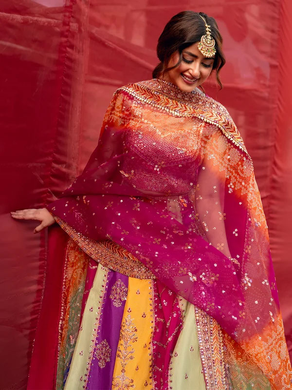 Heavy Embroidered Multicolor Raw Silk Bridal Maxi Dress with Chunri Print Emb. Organza Dupatta (Unstitched) (CHI-1109)