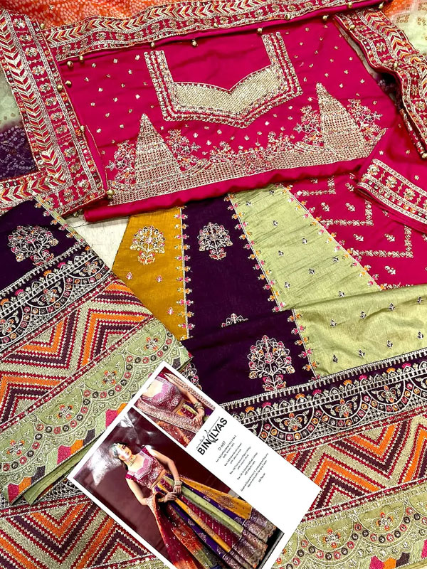 Heavy Embroidered Multicolor Raw Silk Bridal Maxi Dress with Chunri Print Emb. Organza Dupatta (Unstitched) (CHI-1109)