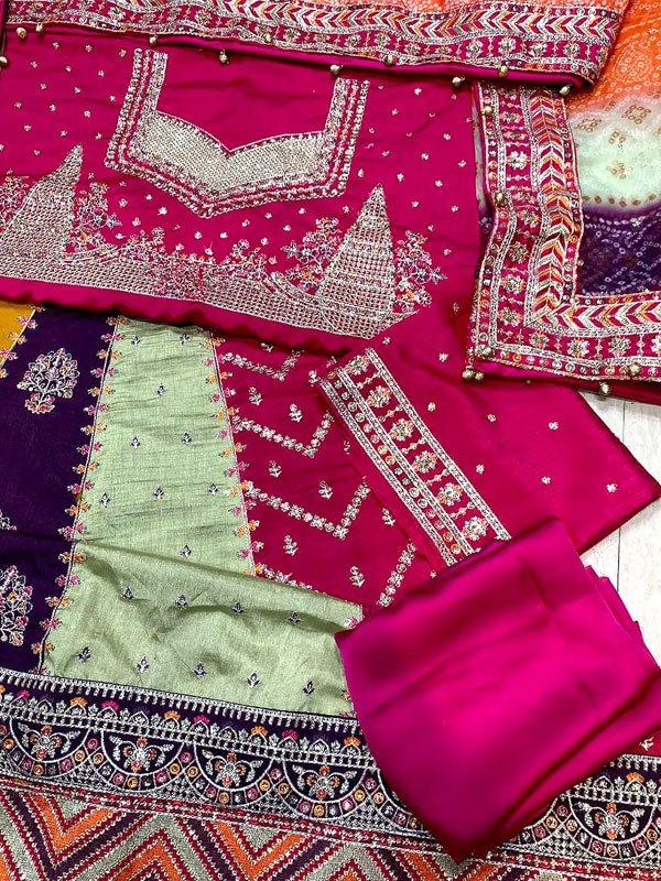 Heavy Embroidered Multicolor Raw Silk Bridal Maxi Dress with Chunri Print Emb. Organza Dupatta (Unstitched) (CHI-1109)