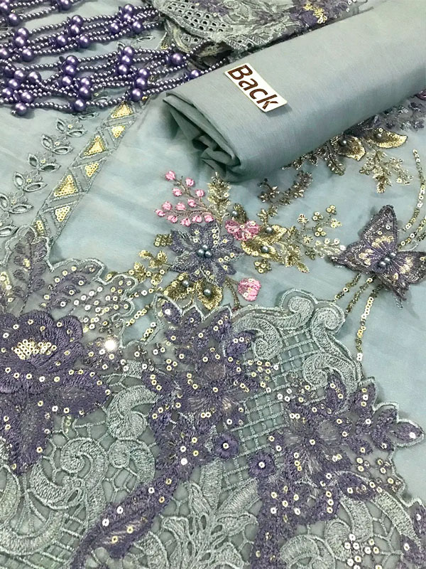 Luxurious Heavy Embroidered Dusty Blue Chiffon Wedding Dress 2026 with Handcrafted Detailing (Unstitched) (CHI-1110)