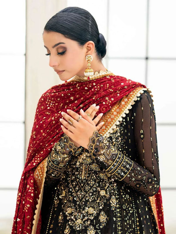 Glamorous Heavily Embroidered Black Chiffon Maxi Dress for Weddings (Unstitched) (CHI-1111)