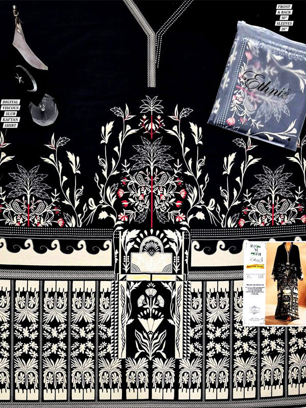 Ethnic Black Kaftan Printed Viscous Slub Digital Printed Long Kaftan Shirt (Unstitched) (DRL-2485)