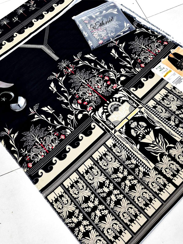 Ethnic Black Kaftan Printed Viscous Slub Digital Printed Long Kaftan Shirt (Unstitched) (DRL-2485)