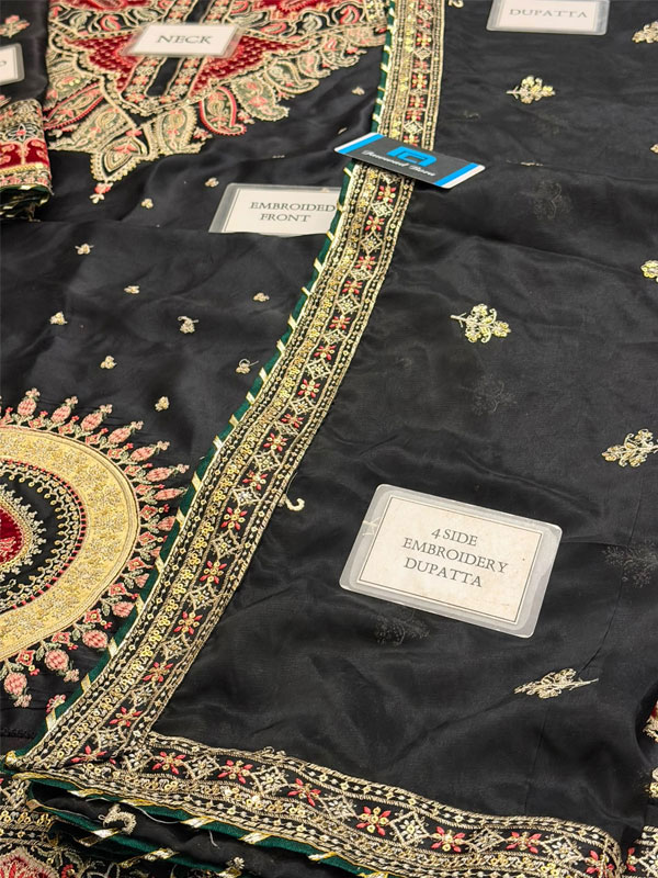 Charmeuse Silk Ethnic Black Kaftan Heavy Embroidered & Velvet Applique Work With 4 Sided Embroidered Silk Dupatta (Unstitched) (CHI-1122)
