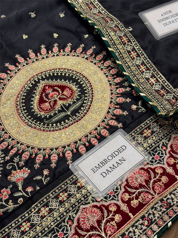 Charmeuse Silk Ethnic Black Kaftan Heavy Embroidered & Velvet Applique Work With 4 Sided Embroidered Silk Dupatta (Unstitched) (CHI-1122)